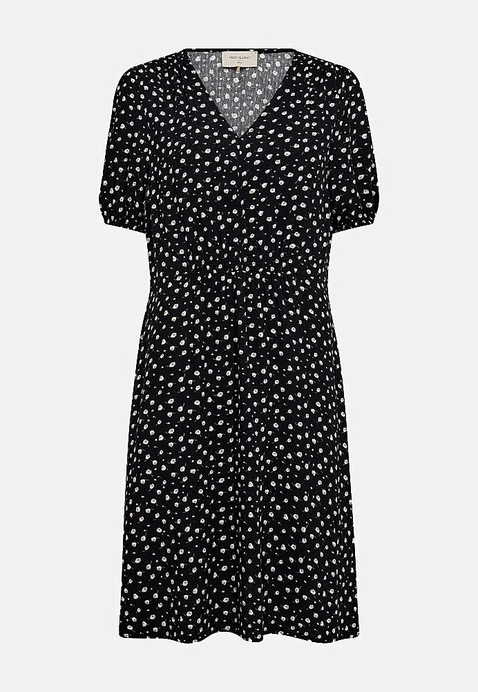 Kuviollinen mekko rypytyksellä
