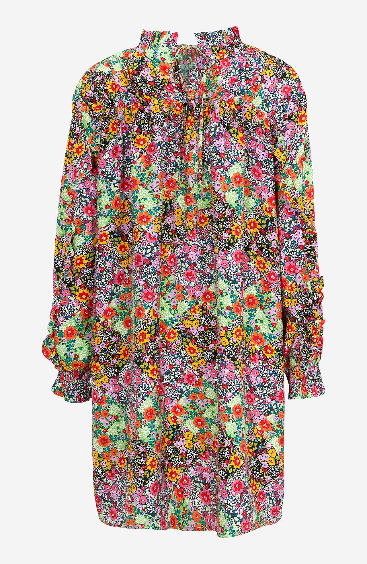 Pienikukkainen mekko röyhelöillä