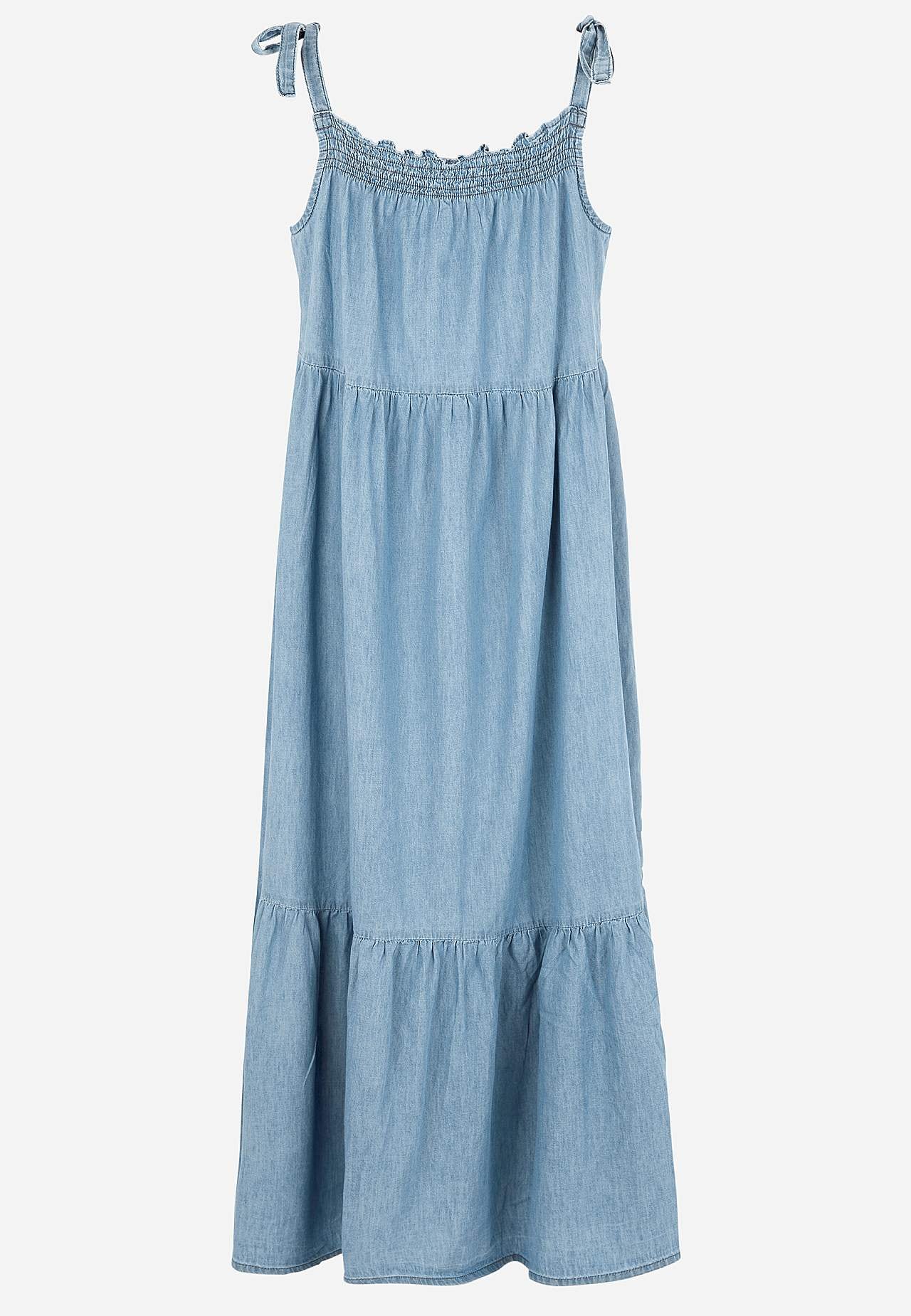 Pehmeä farkkumekko sidottavalla hihnalla