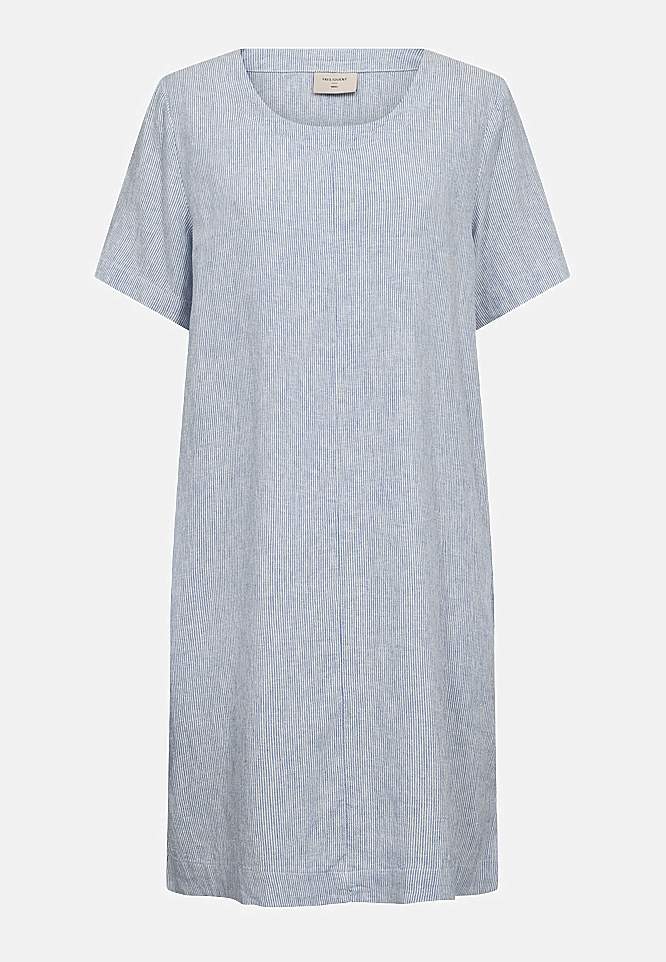 Raidallinen pellavamekko taskuilla