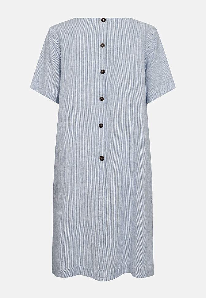 Raidallinen pellavamekko taskuilla