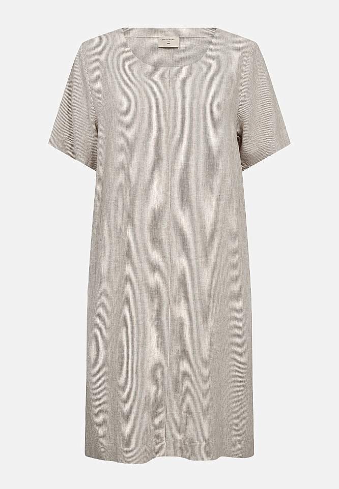 Raidallinen pellavamekko taskuilla