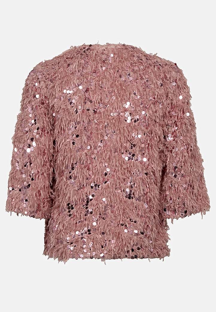 Juhlatoppi höyhenenkaltaisella materiaalilla ja paljeteilla