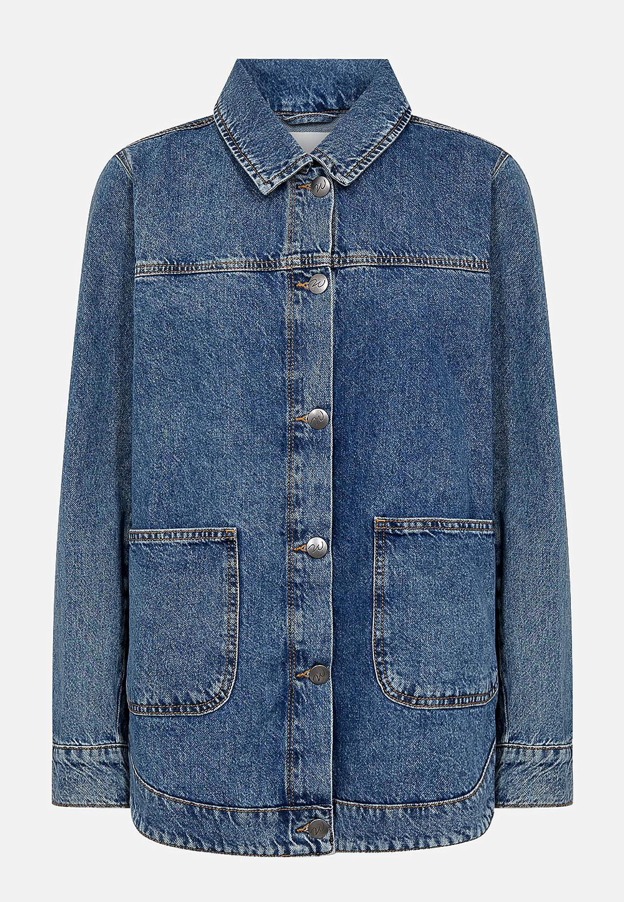 Pitkä farkkutakki suurilla etutaskuilla