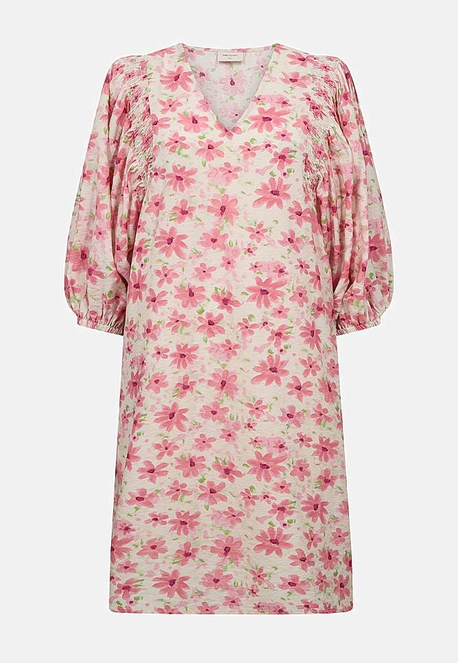 Kukallinen, kudottu mekko taskuilla ja smokkidetaljilla